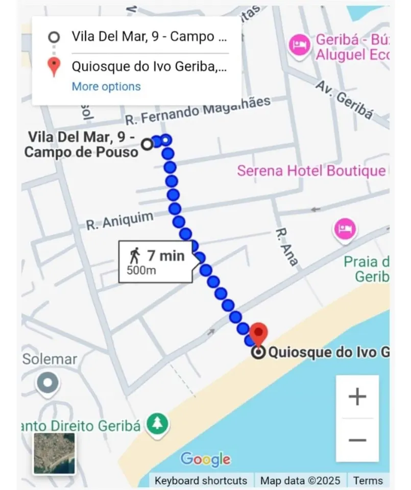 Map showing the walking route to Geribá Beach